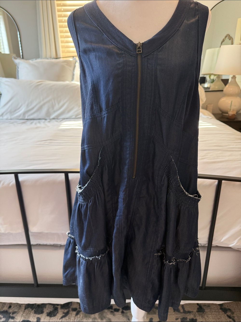Gabby Isabella Navy Tencel Denim Sleeveless Zip-Front Tiered Dress